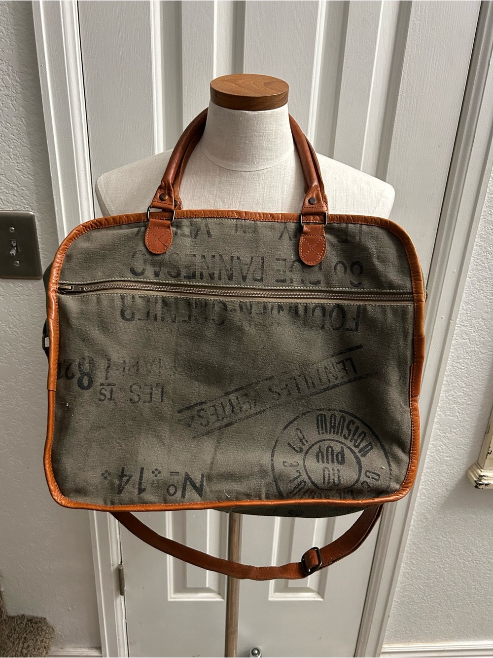Myra Bag Olive Canvas Laptop Briefcase with Tan Leather Trim